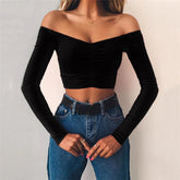 Women T-shirts sexy and club fashion female T-shirt long sleeve off shoulder solid color lady Tshirt autumn basic tees from NAPSA - 