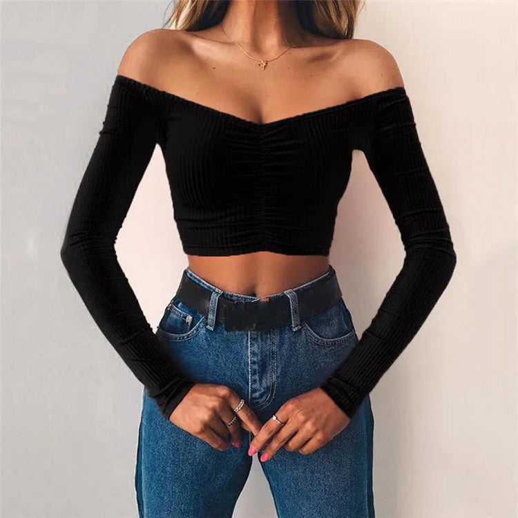 Women T-shirts sexy and club fashion female T-shirt long sleeve off shoulder solid color lady Tshirt autumn basic tees from NAPSA - 